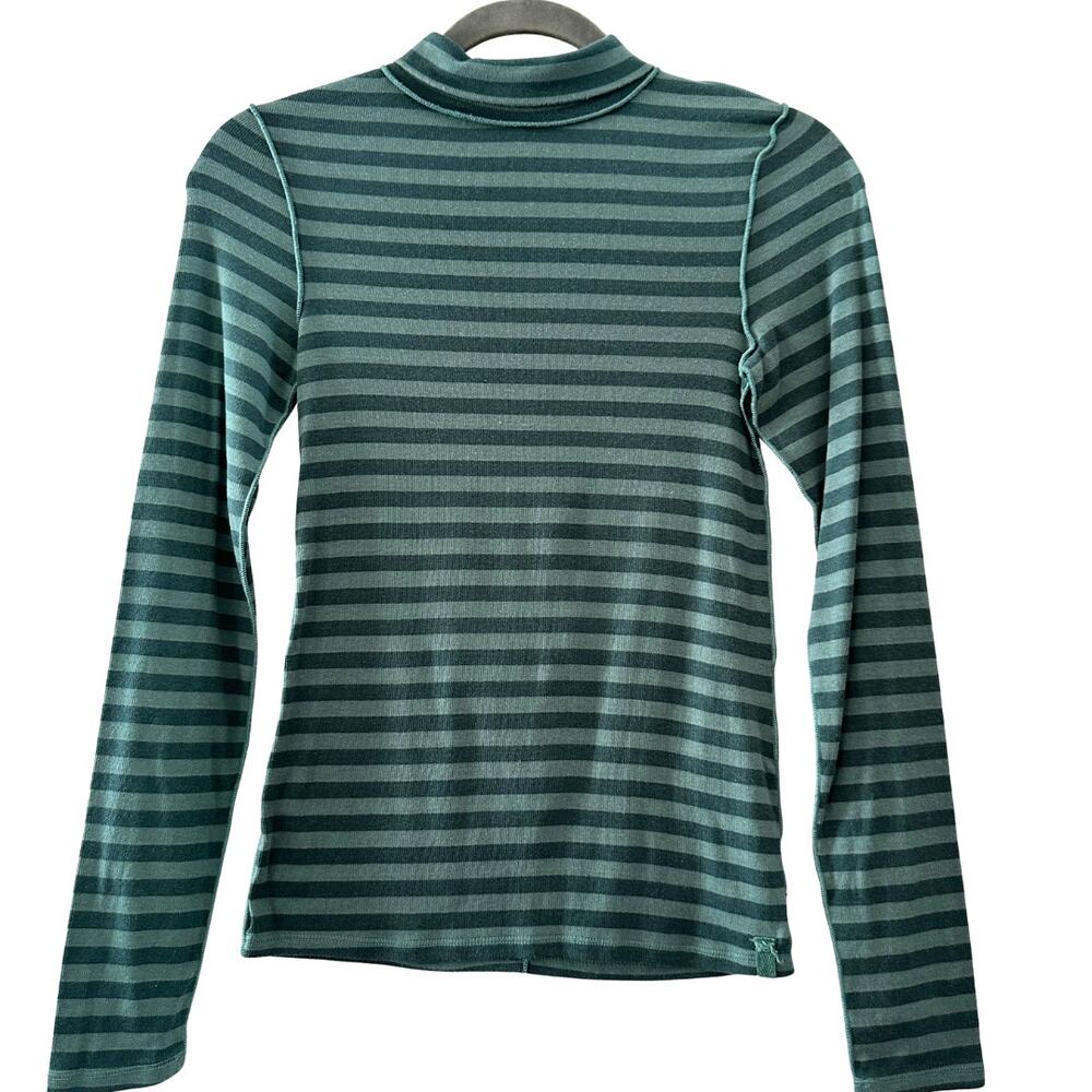 We The Free Green Striped Mock Neck Exposed Seam Top Small